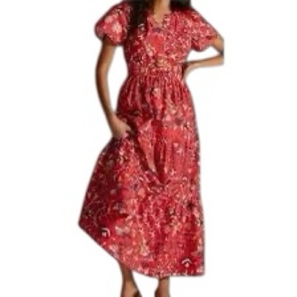 Anthropologie Somerset Poplin Maxi Dress Bright Red Geometric Print size XXSP - Picture 1 of 11